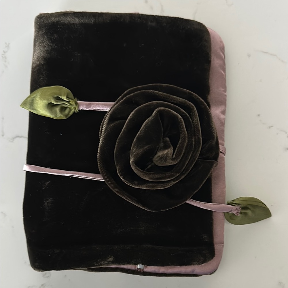 Velvet Floral Travel Jewelry Pouch with Rose Accent